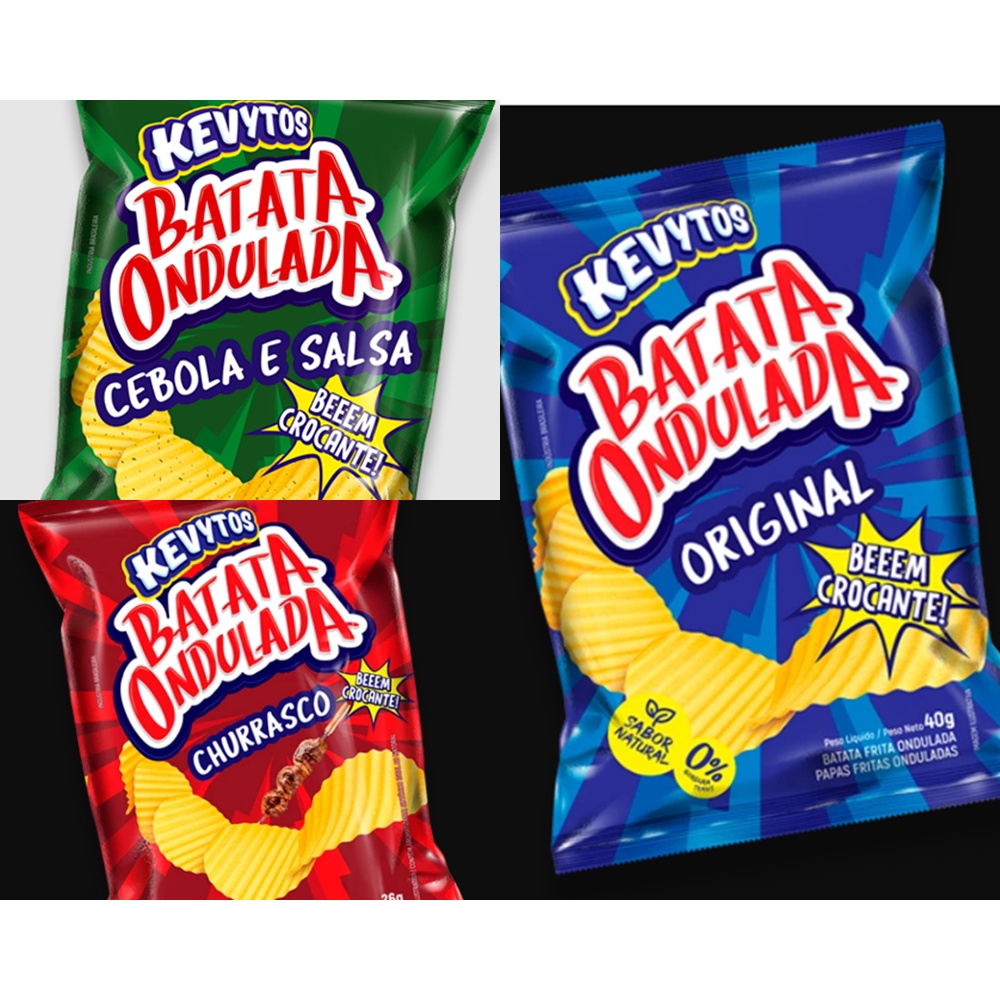 Batata Ondulada 26g Chips Pellets Salgadinho Kevytos Original Churrasco Cebola e Salsa