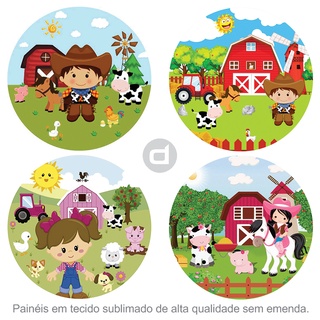 Painel Redondo de Festa Sublimado - Tecido microfibra com elástico FAZENDINHA MENINA MENINO