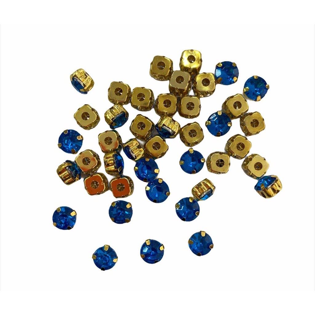 Chatons Engrampados - Redondo Base Dourada c/ Chaton Azul Turquesa - 8mm - 20 Und