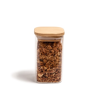 Pote De Vidro Mantimentos Quadrado Flat 250ml Tampa Bambu - Oikos