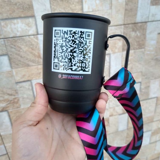 Caneca com QR CODE - Caneca de alumínio Personalizada com tirante - Copo com qr code