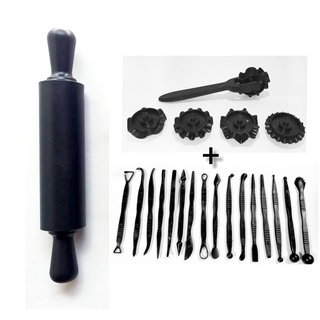 Kit Estecas 16 Pçs + Cortador Carretilha 5 discos + Rolo Abrir Massas