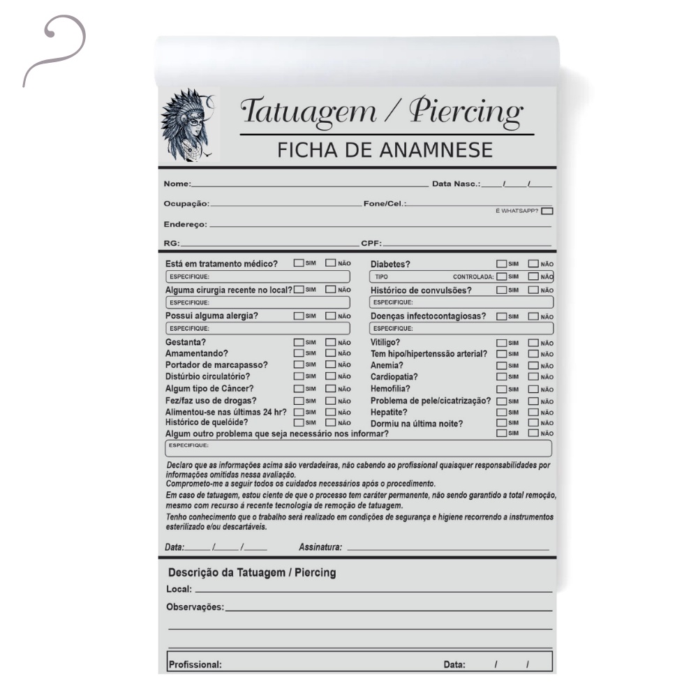 Bloco de Anamnese Ficha Checklist para Studio de Tatuagem e Piercing