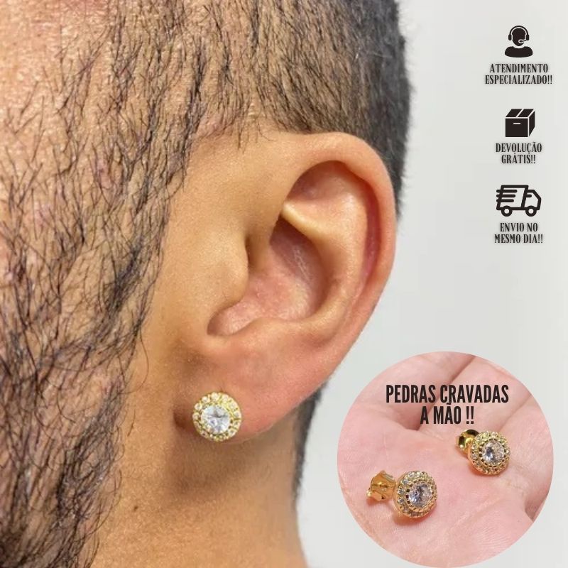 Brinco Masculino de Ouro 18k Brinco 15 Pedras Cravejadas Banhado