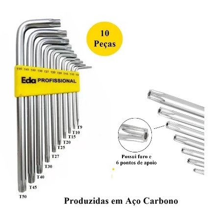 Jogo Chave Torx Tipo L Jogo C/10 Peças T09 - T10 - T15 - T20 - T25 ...