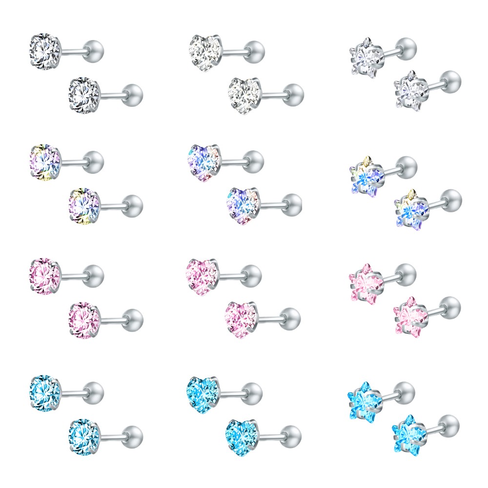 4 Pares/Lote Brincos De Cristal Orelha Parafuso Prisioneiro Conjunto Aço Inoxidável Redondos Bola Estrela Helix Cartilag
