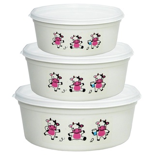 Conjunto de Potes Vaquinha Rosa 3 Peças Oval Branco 600ML, 1100ML E 1600ML