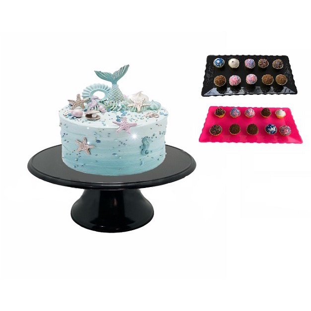 Kit com 01 Boleira 26 cm com 02 Pratos Bandejas Retangular Decoração Festa Eventos Forma com Detalhe em Coração