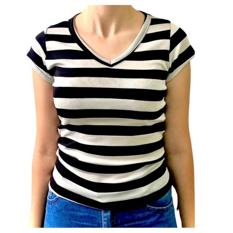 Blusa baby look gola V LISTRADA 96% algodão 4% elastano. em Oferta na Shopee