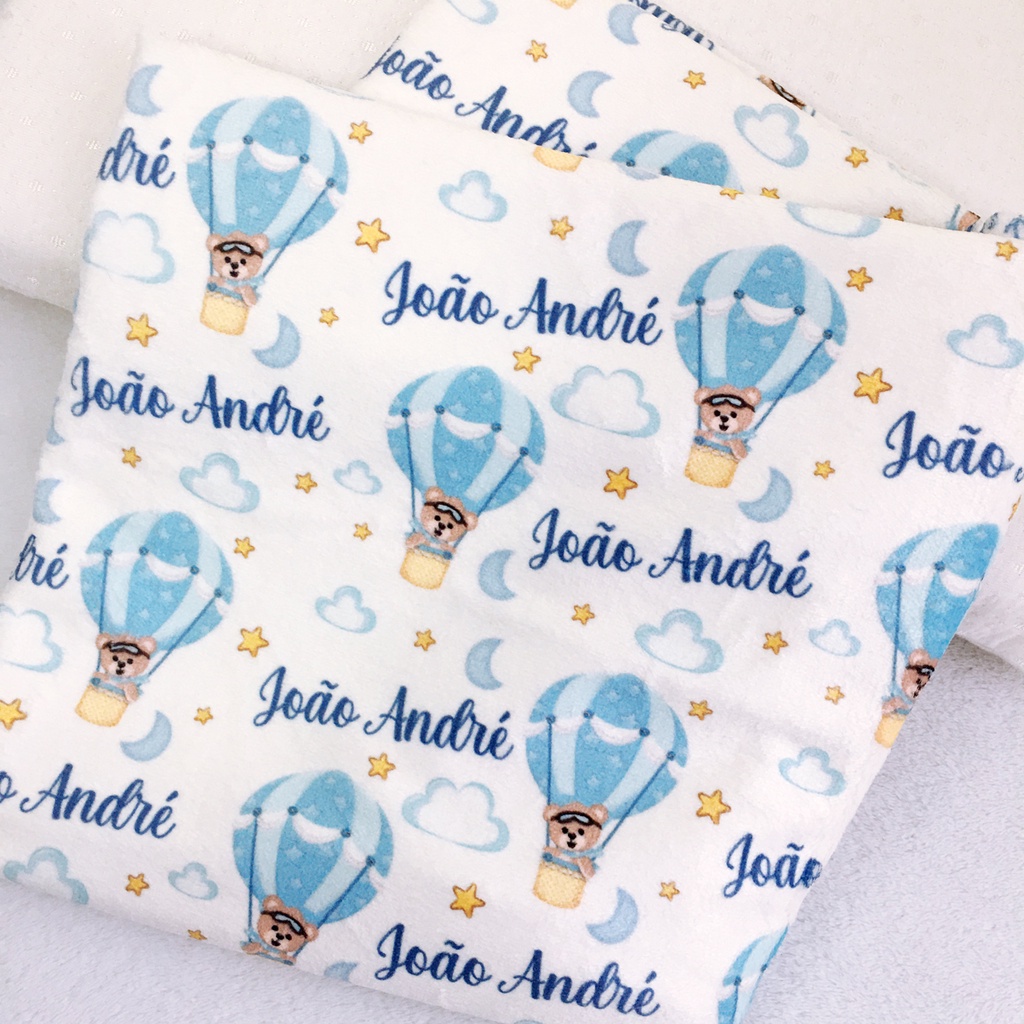 Manta Bebê Baloeiro Ursinho Balão Azul com Nome Personalizado Mantinha Cueiro Fleece 100x75cm Antialérgico