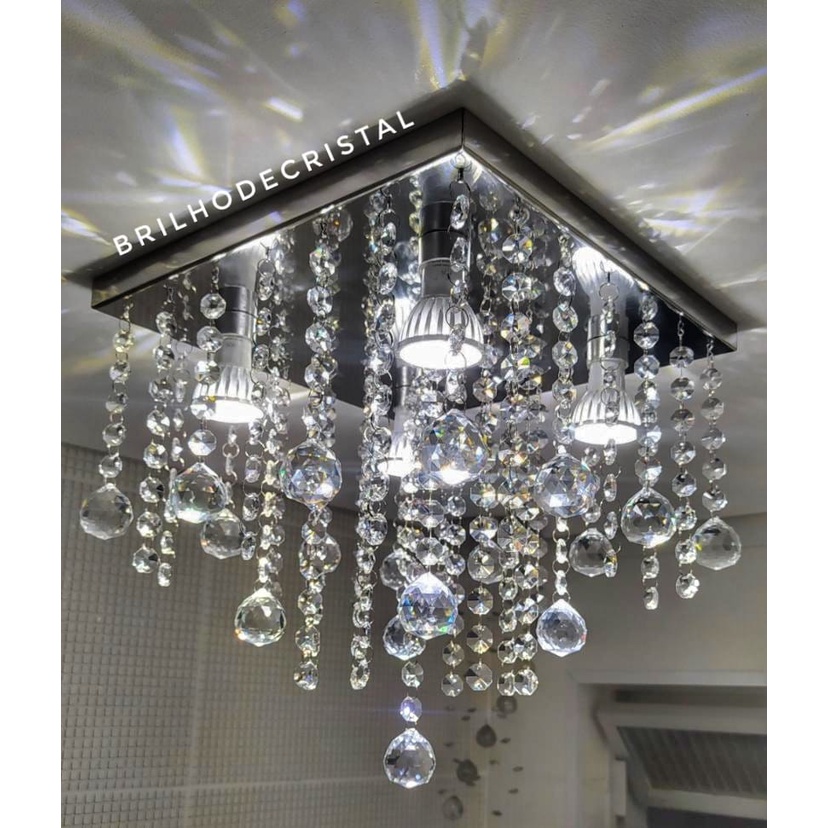 Lustre Cristal K9 30x30cm com 4 Soquetes GU10 – Base Inox Espelhado Montado em Oferta na Shopee