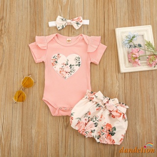 DANDELION-Conjunto De Roupas De Verão Para Meninas/Macacão Plissado Com Manga Curta + Short Floral + Faixa De Cabeça em Oferta na Shopee