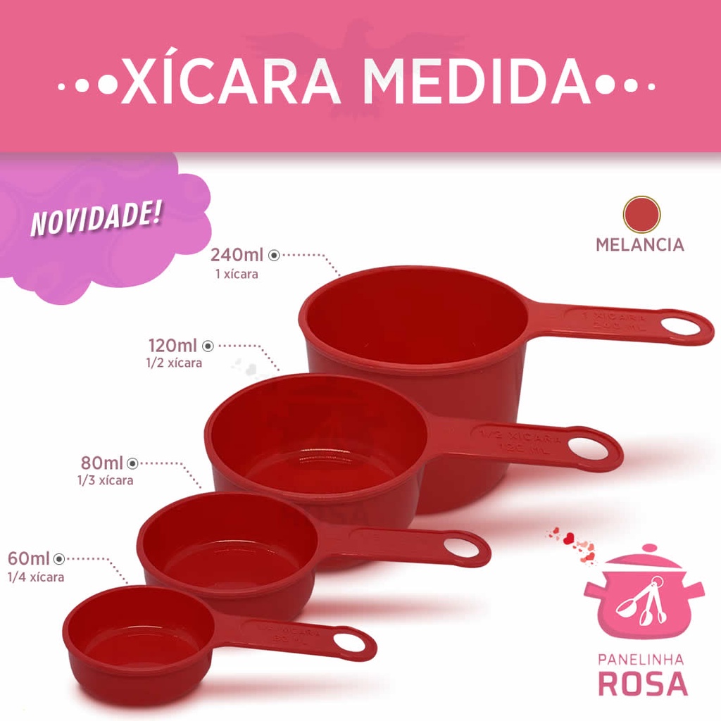 Xicara medida na cor melancia para a sua  confeitaria medidor