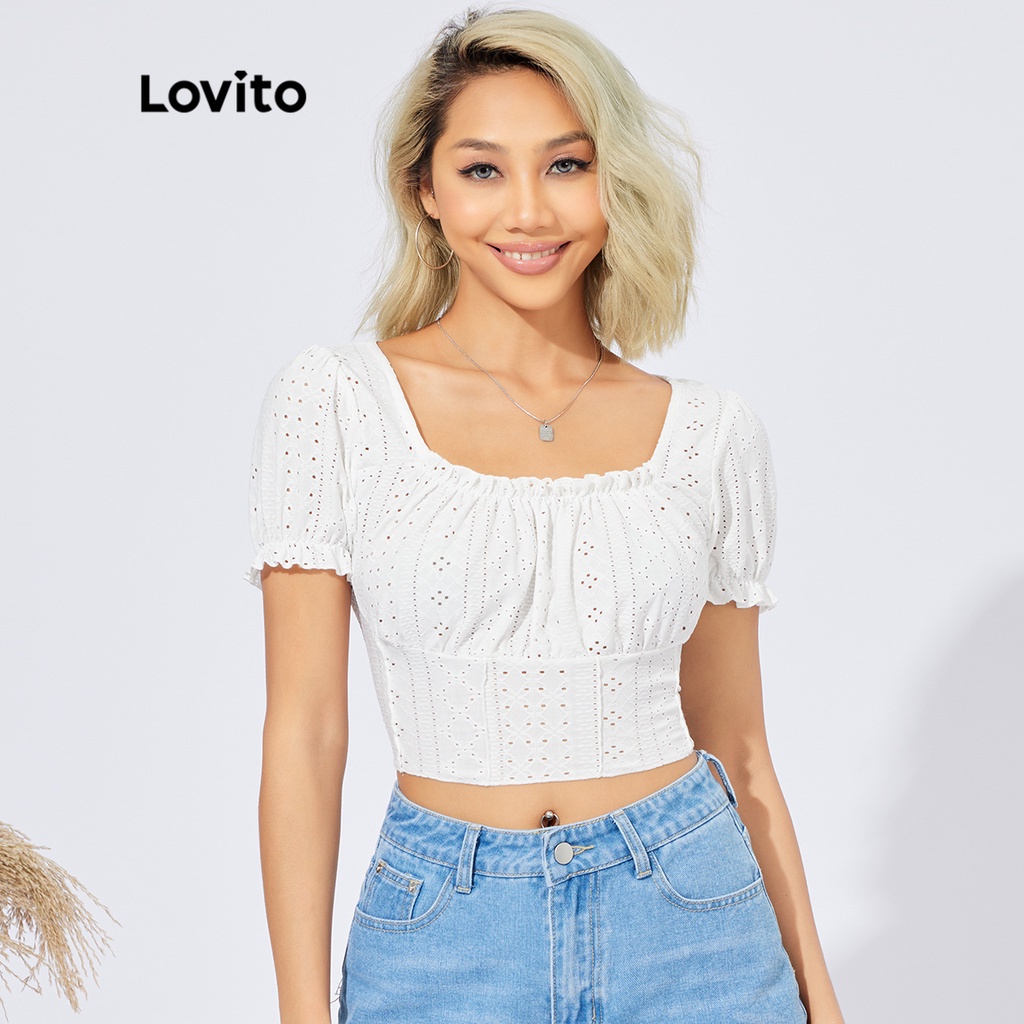 Lovito Camiseta Casual Lisa Bordada Crop Ruched L Ed Branco