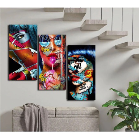 Kit de Quadro decorativo 3 peças 40x60 mulheres quadrinhos grafite colorido para quarto sala