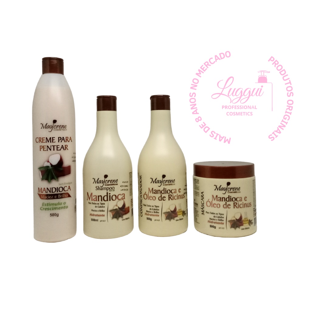 Kit Mandioca Maycrene 4x500 Shampoo, Condicionador, Mascara e Creme para Pentear - Restauração e Nutrição
