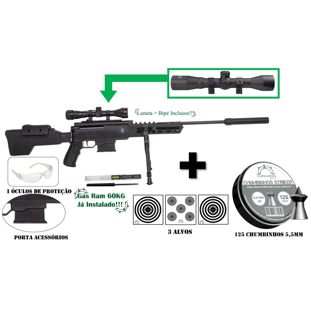 Carabina de Pressão SAG Black Ops 5,5mm Rossi + 1 Óculos de Proteção + Bipé + 1x Luneta 4x32 (7/8) + 125 Chumbinhos striker 5,5mm + 3 Alvos de papel Kit 28