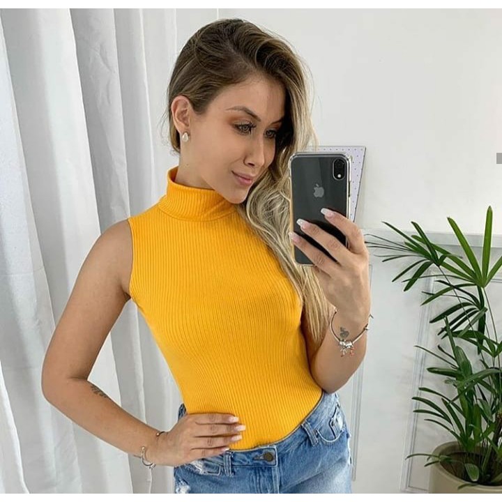 Blusa feminina  gola alta sem manga  malha canelada com elastano tendência moda blogueira