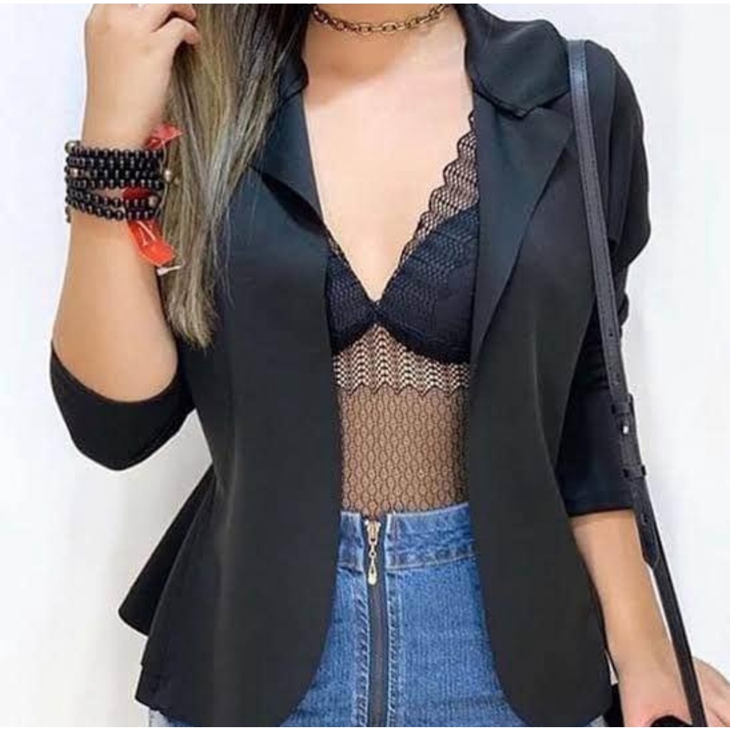 Blazer feminino casaquinho neopreme acinturado cortado a laser curto babado frio coleção inverno