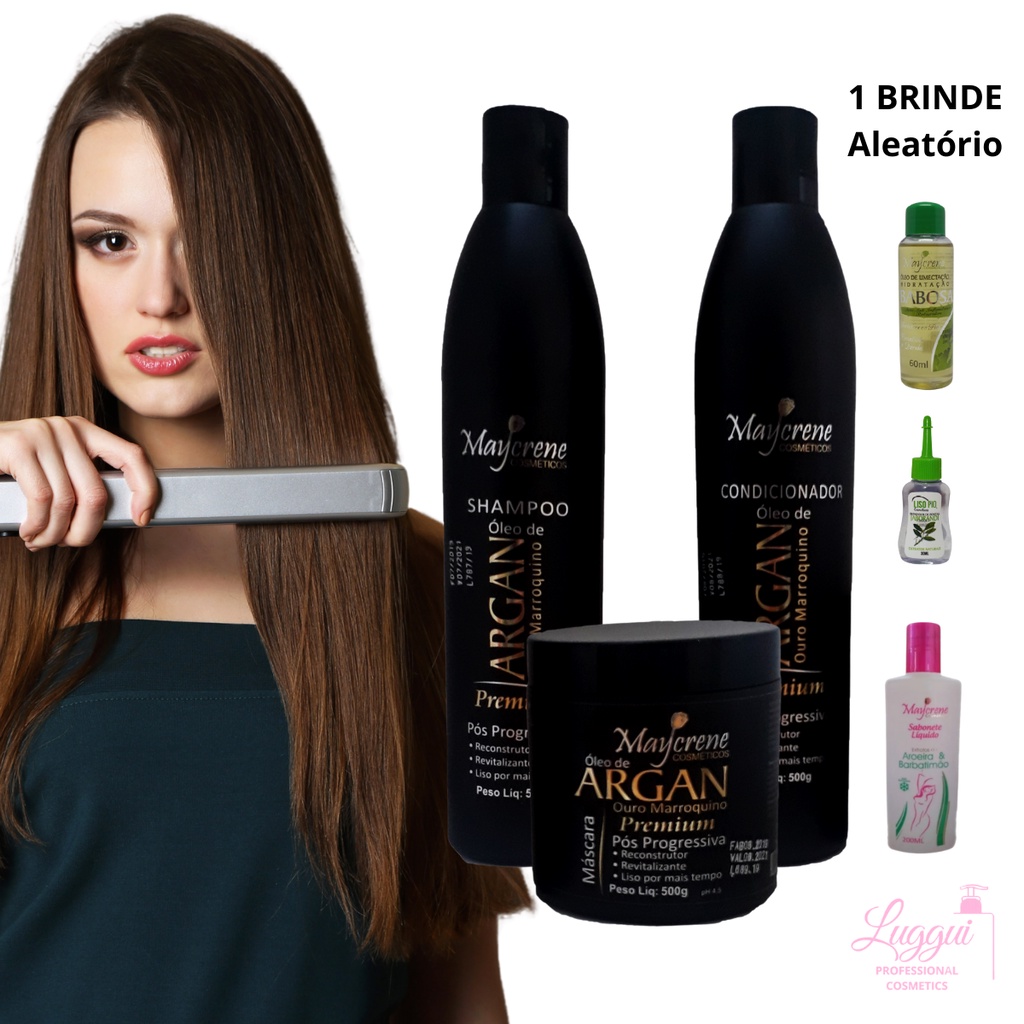 Kit Tratamento Pós Progressiva Óleo De Argan  Ouro Marroquino (Shampoo, Condicionador, Máscara) Maycrene + Um Produto