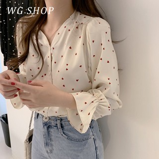 Wg SHOP Shirt Camisa de manga comprida versão coreana com decote em V Camisa de manga comprida