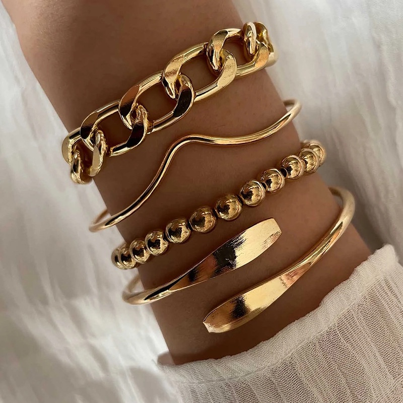 4 Peças Punk Bracelete Exagerado Grande Conjunto De Braceletes De Corrente Grossa Para Mulheres Metal Geométrico Retro Enrolamento Brilhante Bangle Pulseira Acessórios Femininos