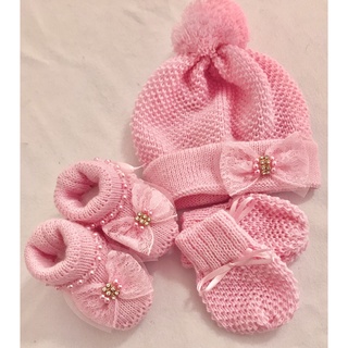 Kit Touca/gorro, Luvas E Botinha Sapatinho Em Tricô Linho Bebê