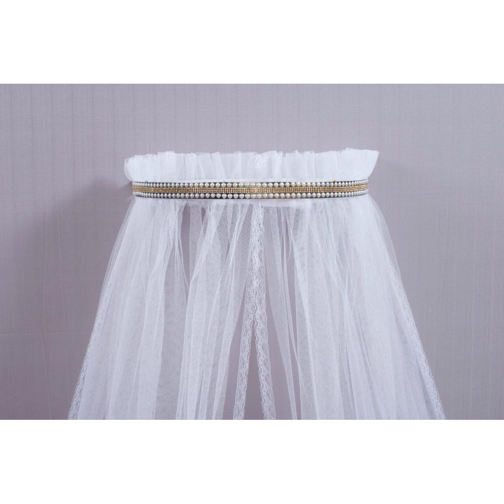 Dossél de Parede p/ quarto de bebe Dourado com Perolas e Strass Decorativos e Véu Filó com Renda