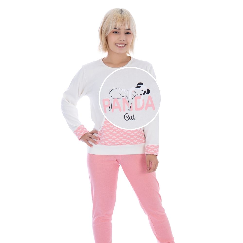 Pijama Juvenil Feminino Fechado Com Bolso Canguru Blusa Manga Longa Estampada Calça Tecido Canelado em Oferta na Shopee