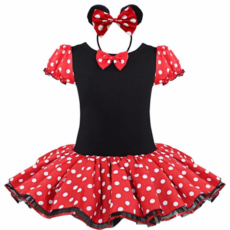Vestido Fantasia Infantil de Festa da Minnie Rosa e Vermelho com Bolinhas Brancas + Tiara