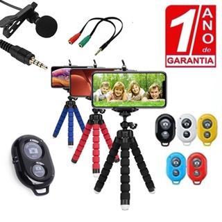 Kit Youtuber Mini Tripé 16cm Flexível + Controle Bluetooth + Microfone de Lapela Condensador
