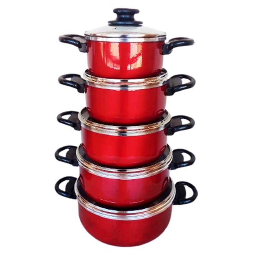 CONJUNTO DE PANELAS DE ALUMÍNIO COM TAMPAS DE VIDROS  Vermelhas C 5 PANELAS