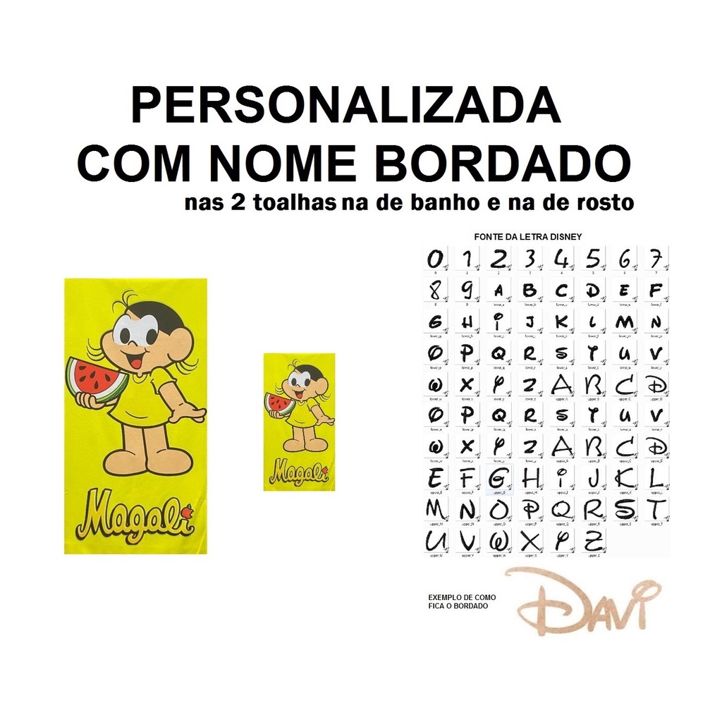 PERSONALIZADA NOME BORDADO kit 1 Toalha de Banho Infantil Magali + 1 Toalha de Rosto