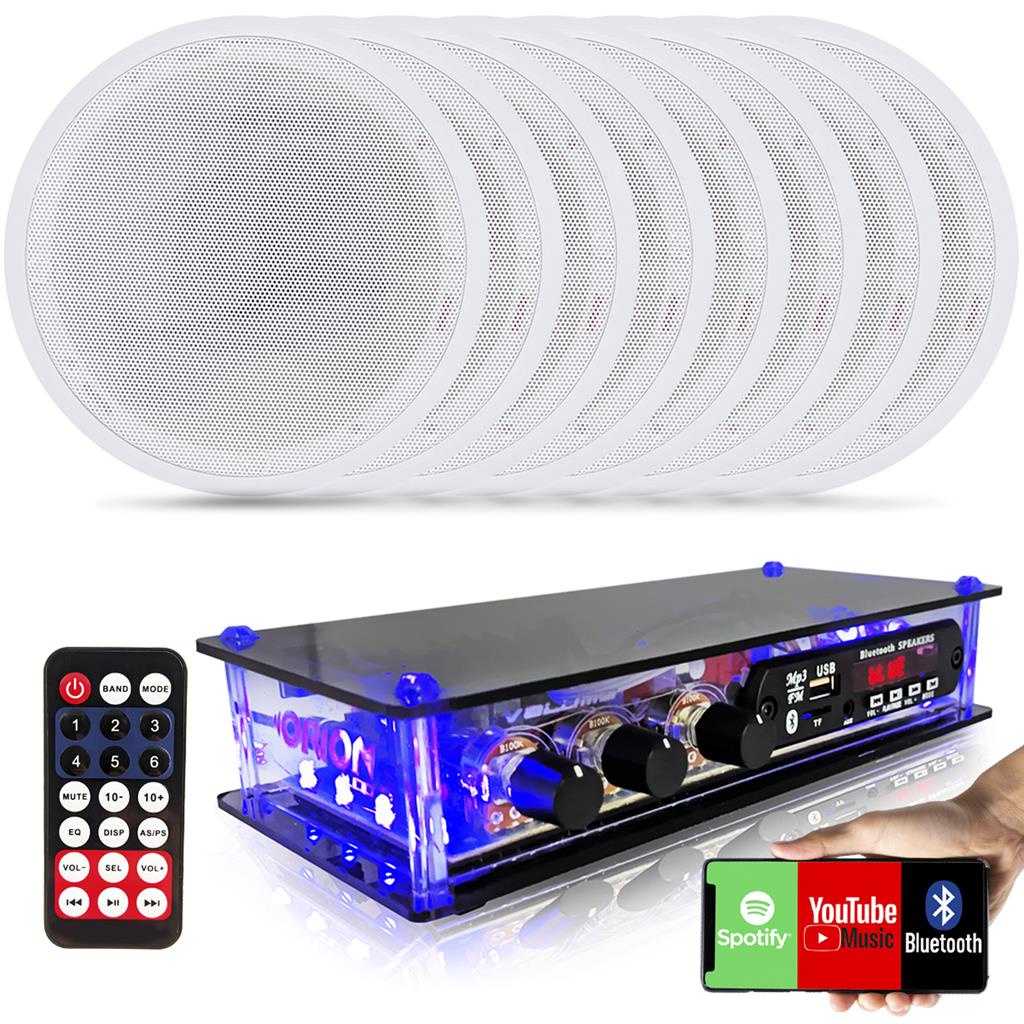 Kit Som Ambiente 8 Caixas de Som Arandelas de Embutir Gesso Pvc +  Amplificador Bluetooth Usb Aux 2 Canais