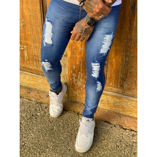 Calça Jeans Masculina Skinny Rasgada Destroyed Com Lycra Elastano