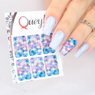 Adesivos de unha imitação sereia azul claro / Adesivos,películas,unhas,nails art,unhas decoradas,decoração de unha,unha delicada,cartela de unha,Queyti películas para unhas,não é adesivo 3d,não é artesanal