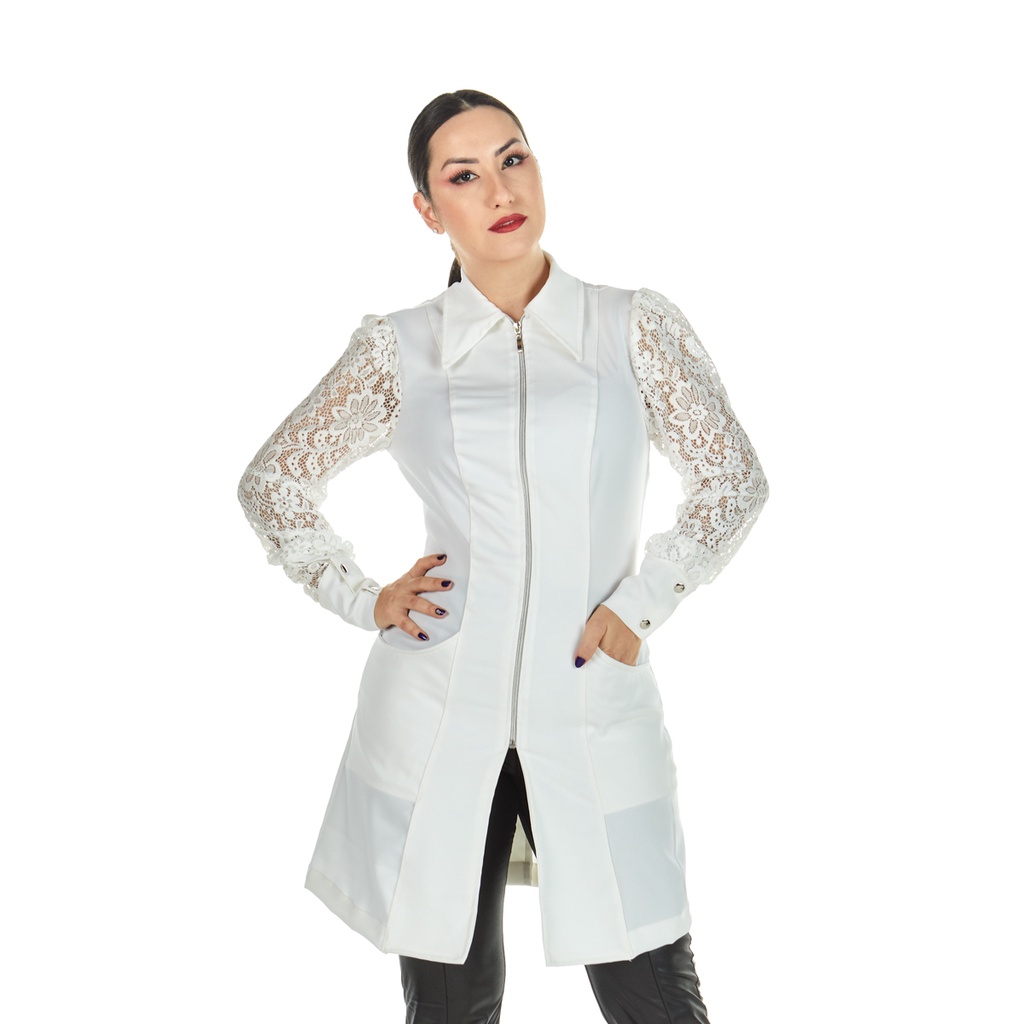 Jaleco Feminino Alfaiataria Acinturado Manga Longa Renda Branco Off White Médica Farmacêutica Esteticista Salão de Beleza Clínica Consultório
