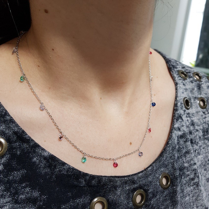 Colar Semijoia Cordão de Ouro Banhado Corrente Não é Bijuteria Colares Femininos Gargantilha Garantia Colar Longo Pedrinhas Coloridas