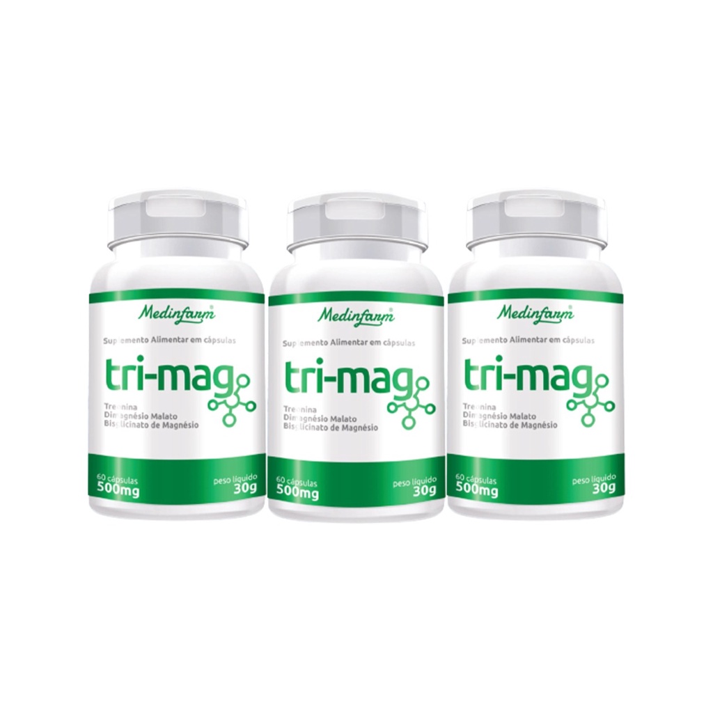 3 Tri-Mag Magnésio Treonato + Magnésio Dimalato + Magnesio Bisglicinato 60 Capsulas 500mg