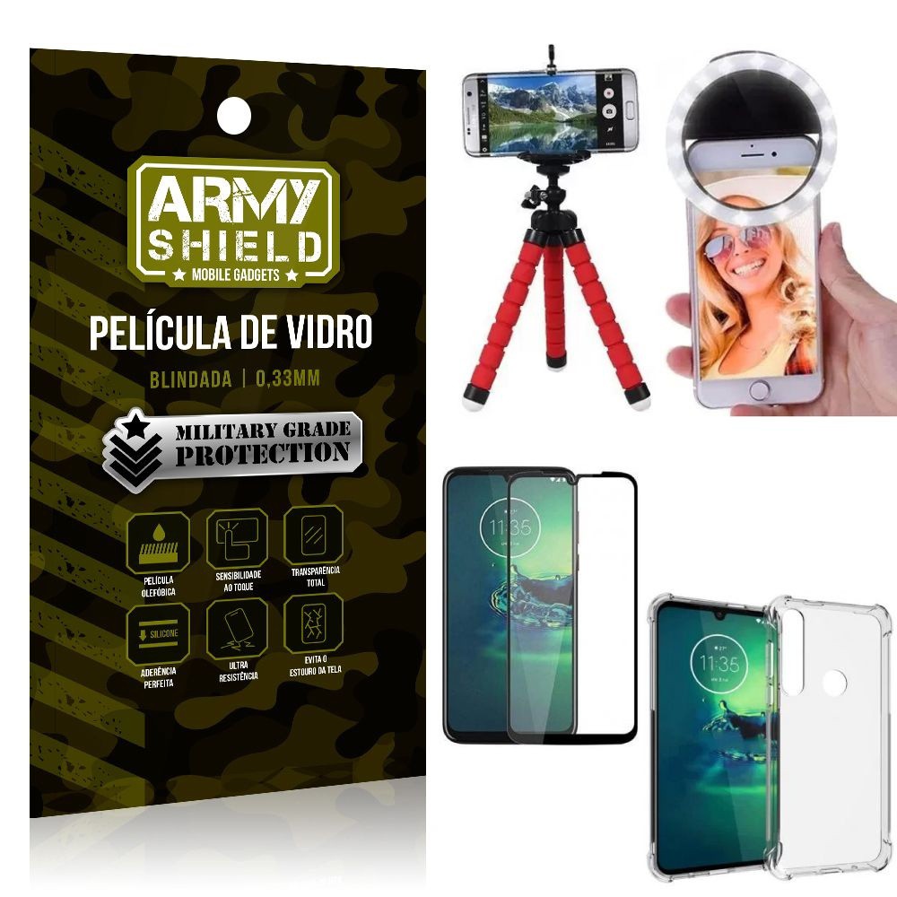 Kit Mini Tripé + Selfie Ring Light Moto G8 Play + Capa Anti Impacto + Película Vidro 3D