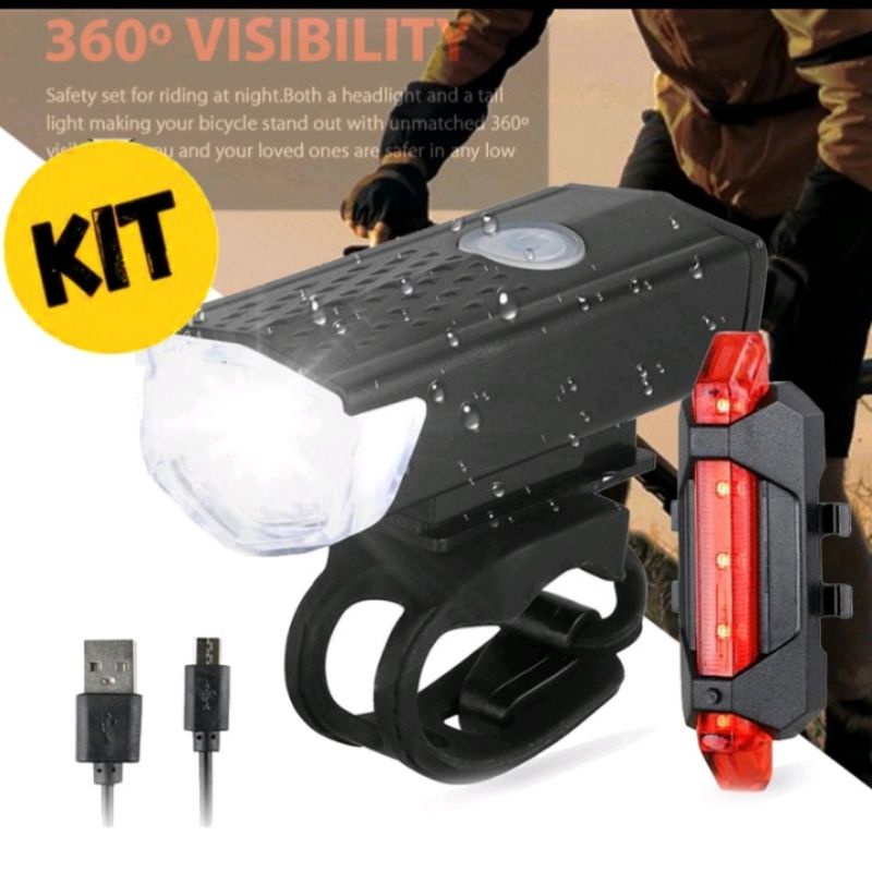 kit lanterna  para bicicleta mtb, lâmpada de 300 lúmens, luz frontal  traseira para ciclismo, conjunto com 3 modos de iluminação para bicicleta, acessórios para bike recarregavel
