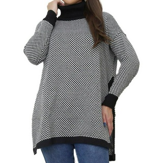Poncho Gola Alta Manga Longa Tricot Tricô Xadrez