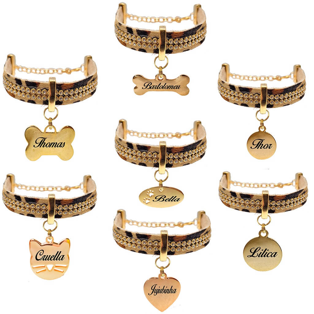 Coleira Gargantilha de Strass Dourado Couro Onça Pelos Placa Identificação Nome telefone Gravado a Laser Personalizado