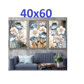 Quadros Decorativos 3 peças Pintura Flores Azul e Branca 40x60