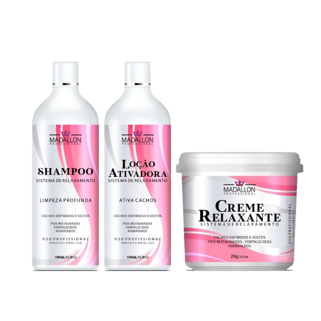 Kit Relaxamento Guanidina 1Shampoo+1Loção Ativadora de Cachos 1L+1Balde de 2kgs Madallon