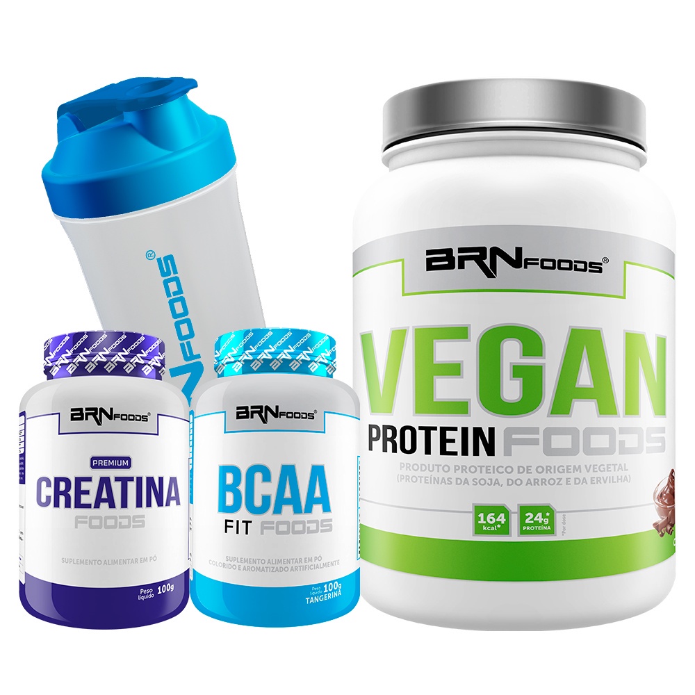 Kit Proteína Vegana Vegan Protein 500g + PREMIUM Creatina 100g + BCAA Fit Foods 100g + Coqueteleira - BRN FOODS