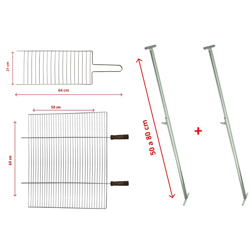 Kit Churrasqueira Grelha Grande + Grelha Dupla Reta Média + Suporte Extensor Ajustável 5003/5102U/5500 DP