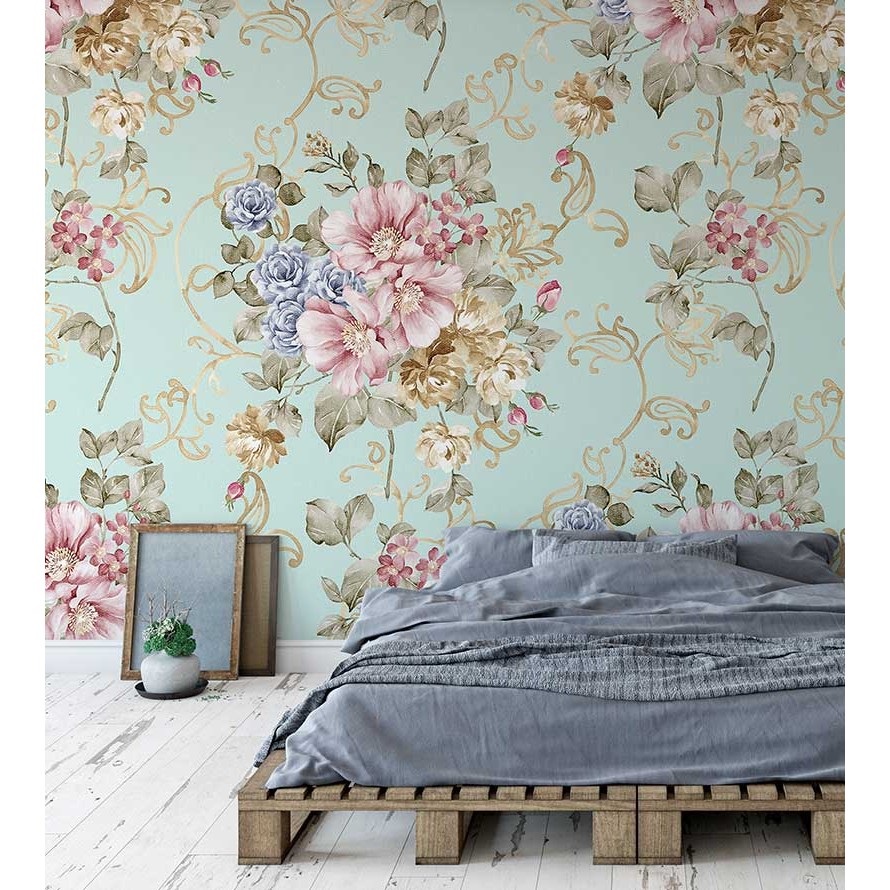 Papel de parede floral rosas roxa lavável fundo verde marinho Para Quartos Sala 1,50 Mts