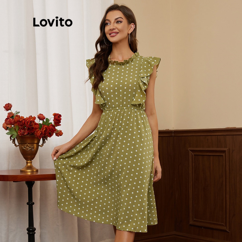 Lovito Vestido Romântico de Bolinha com Babado Franja Franzido L17X409 (Verde)