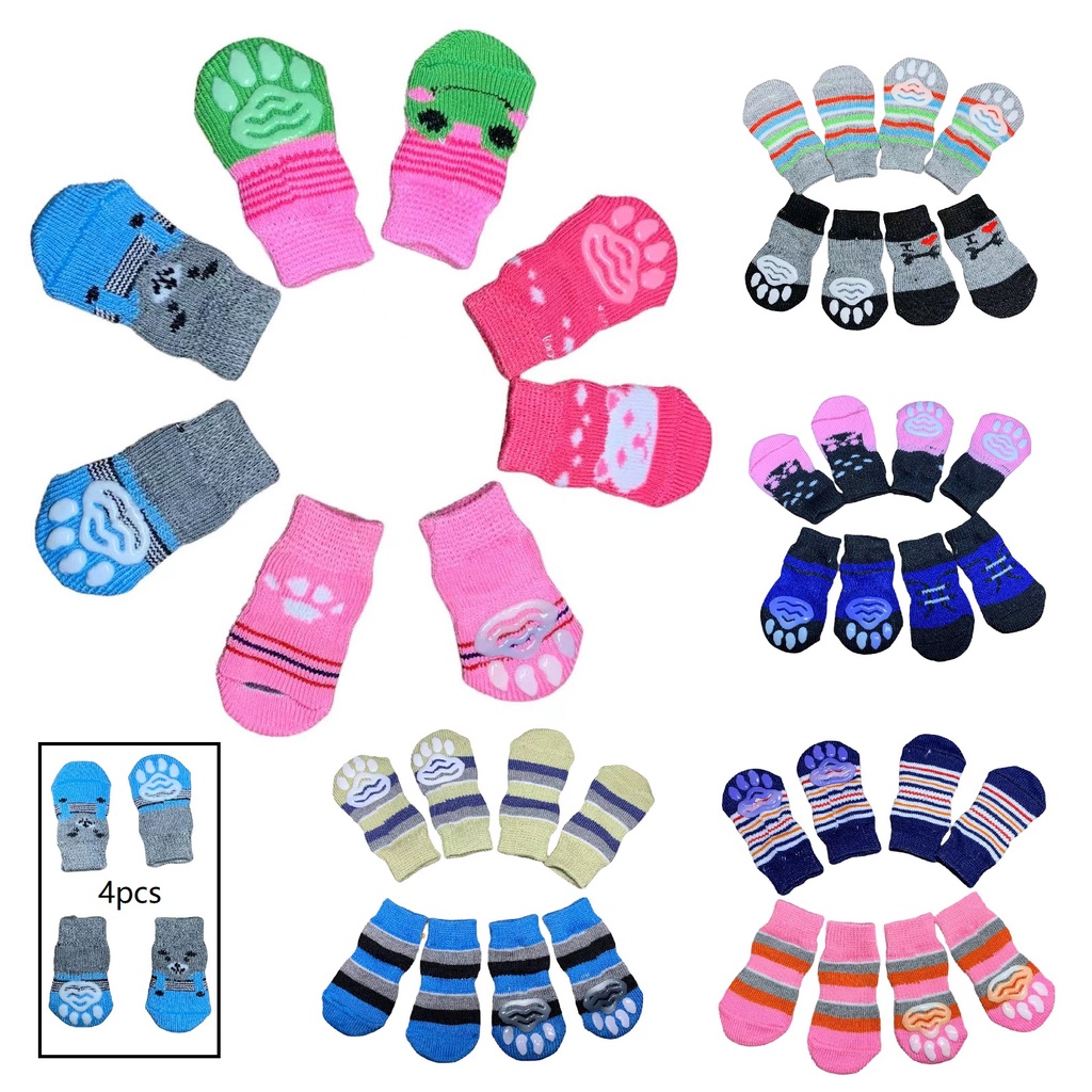 4 peças de Meia Para Pet Cães Gatos Antiderrapante Sapatos Socks Frio em Oferta na Shopee